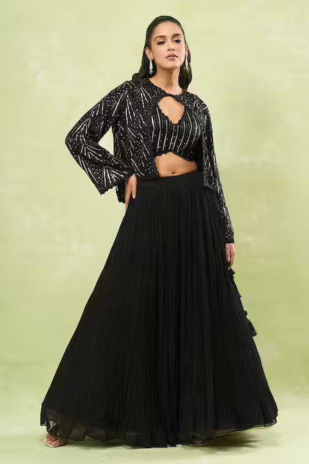 black sequin embroidered jacket lehenga set