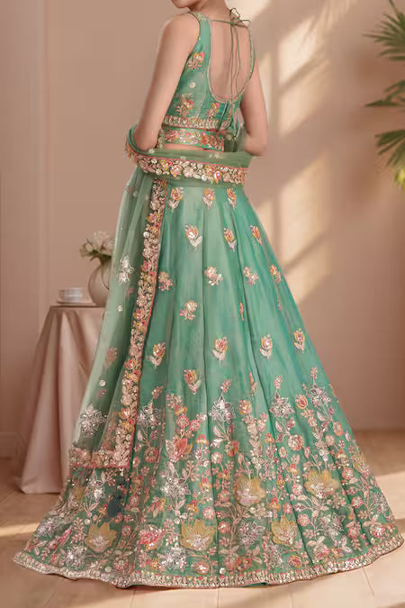 floral patchwork thread sequin zari lehenga set