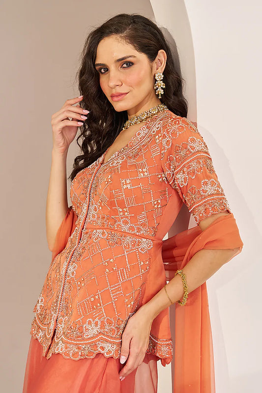 rust orange organza hand embroidered sharara set