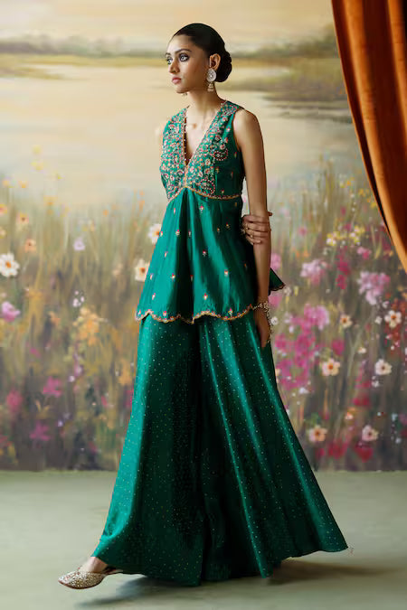 embroidered peplum kurta sharara set