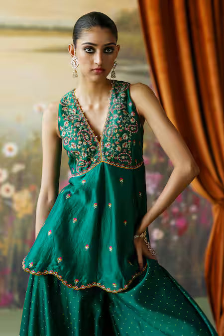 embroidered peplum kurta sharara set