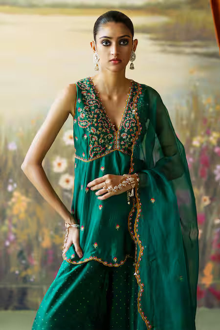 embroidered peplum kurta sharara set