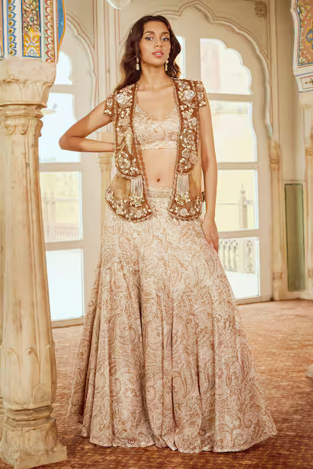 embroidered scallop jacket and lehenga set
