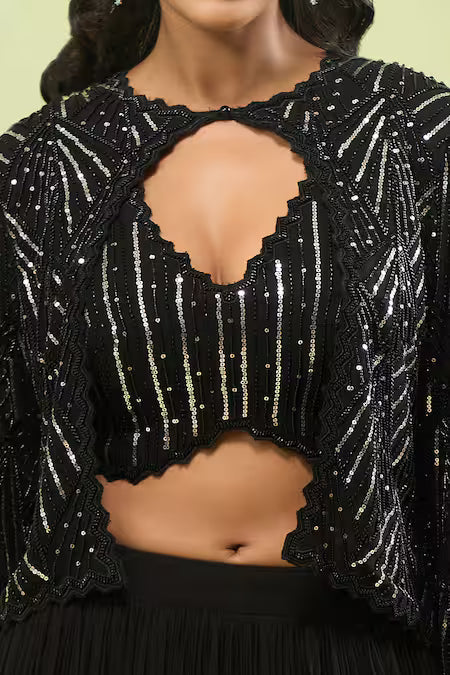 black sequin embroidered jacket lehenga set