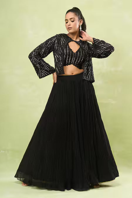 black sequin embroidered jacket lehenga set