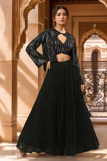 black sequin embroidered jacket lehenga set