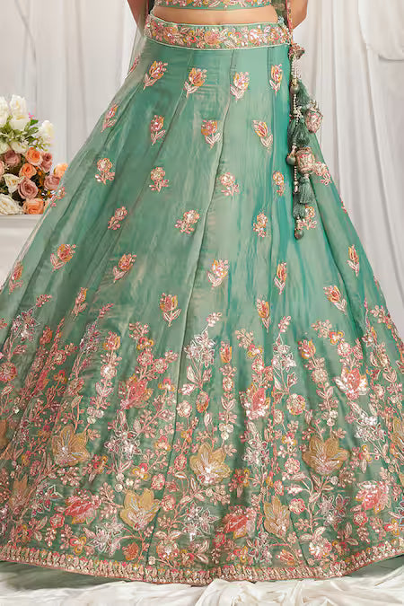 floral patchwork thread sequin zari lehenga set