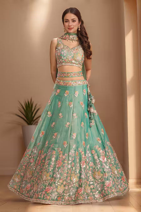 floral patchwork thread sequin zari lehenga set