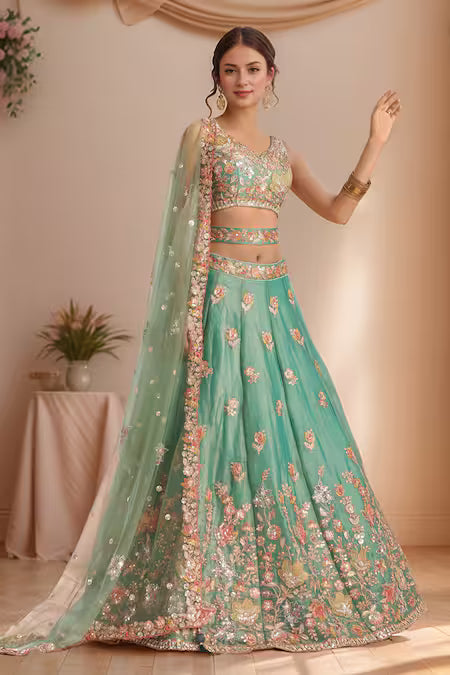 floral patchwork thread sequin zari lehenga set