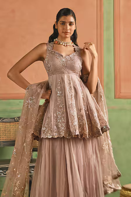 lashkaraa embroidered peplum kurta sharara set