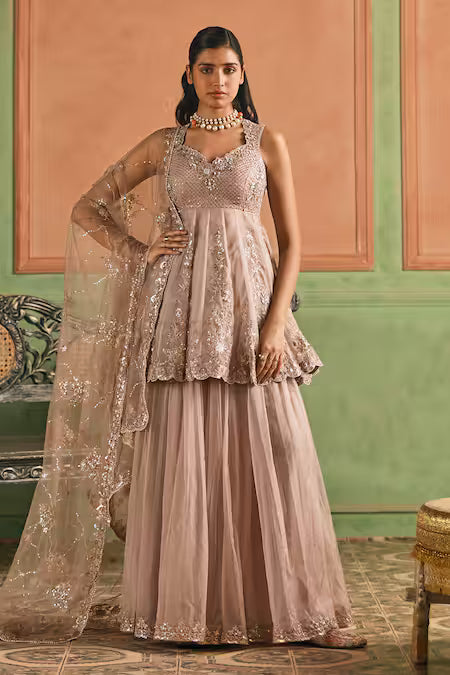 lashkaraa embroidered peplum kurta sharara set
