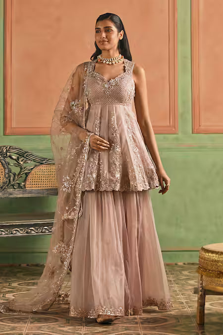 lashkaraa embroidered peplum kurta sharara set