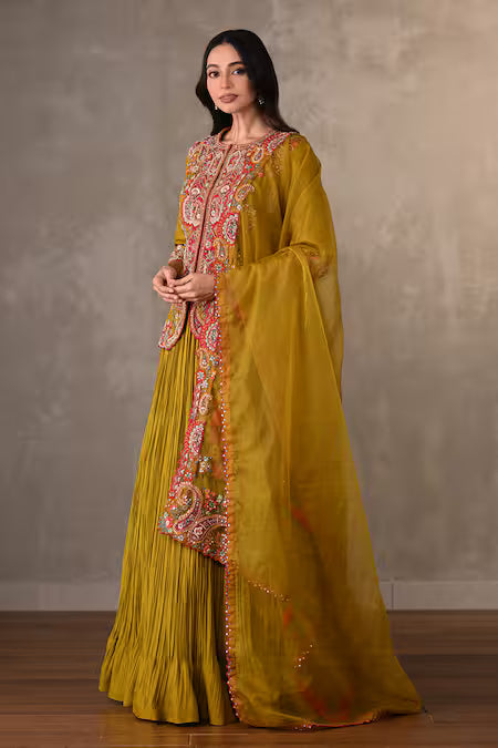 embroidered front open jacket lehenga set