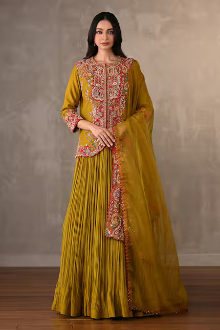 embroidered front open jacket lehenga set