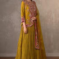 embroidered front open jacket lehenga set