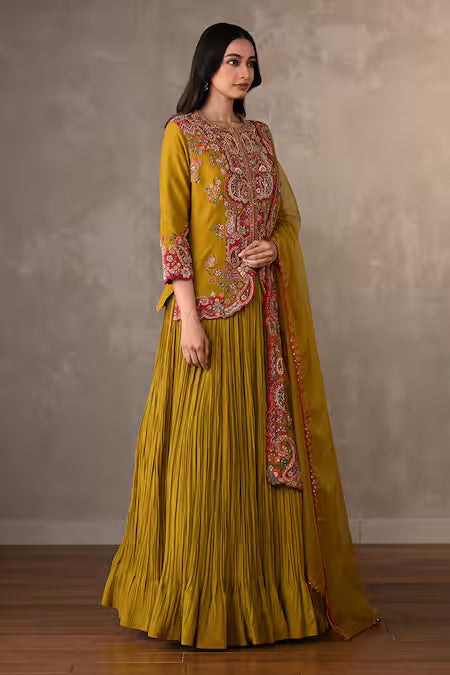 embroidered front open jacket lehenga set
