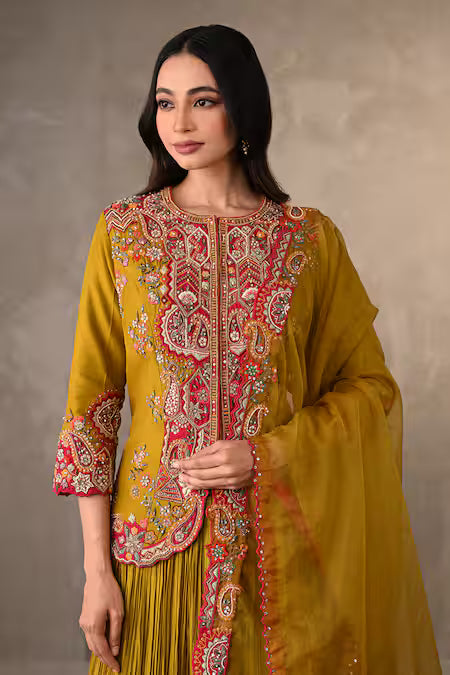 embroidered front open jacket lehenga set