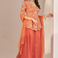 rust orange organza hand embroidered sharara set