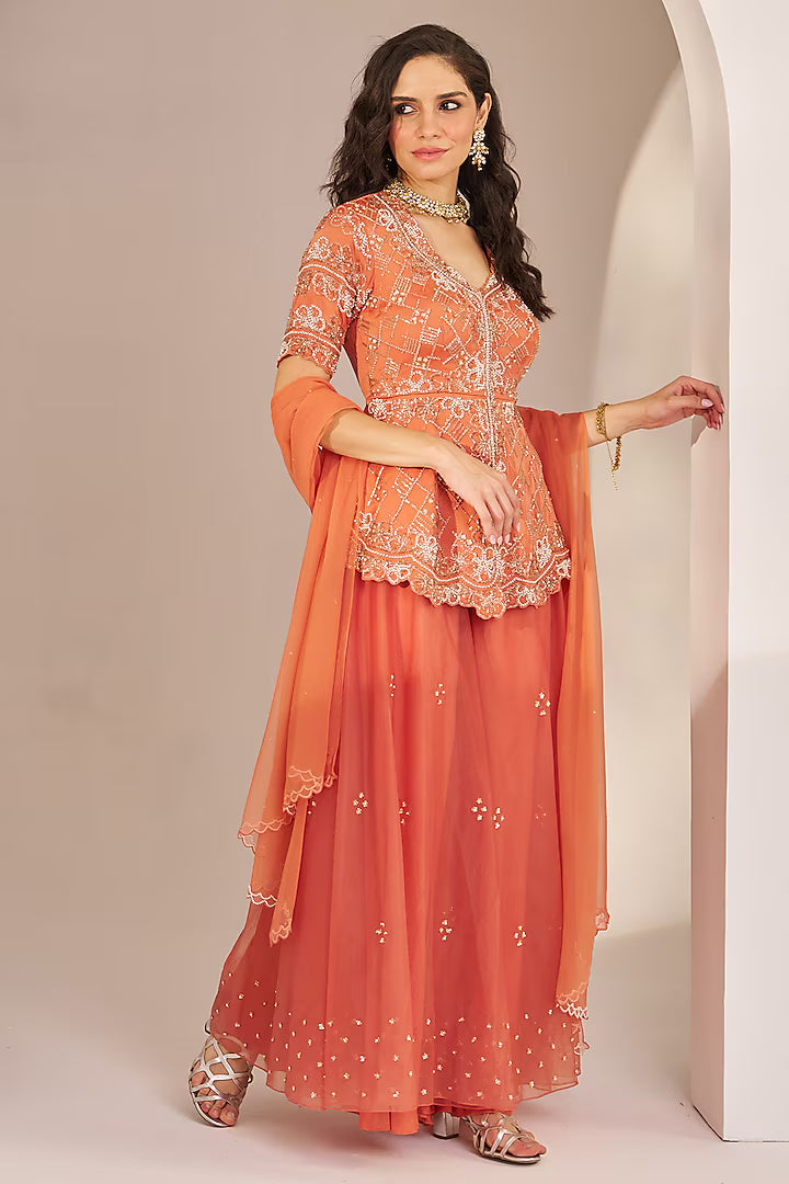 rust orange organza hand embroidered sharara set
