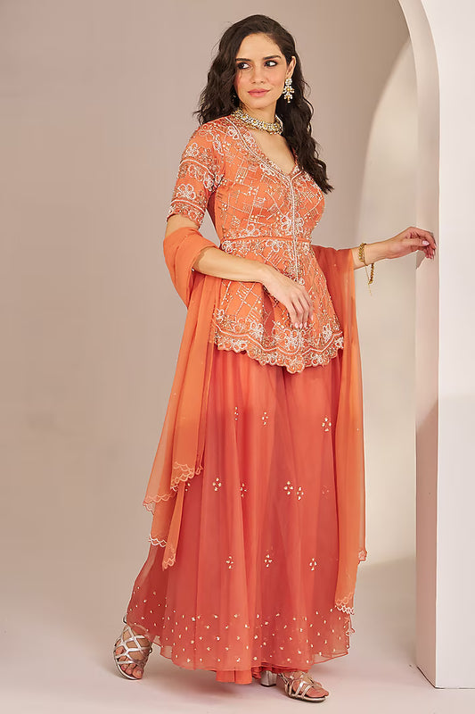 rust orange organza hand embroidered sharara set