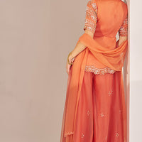rust orange organza hand embroidered sharara set