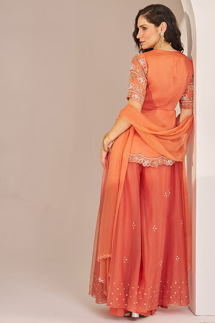 rust orange organza hand embroidered sharara set