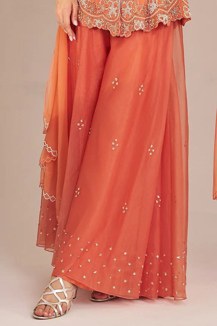 rust orange organza hand embroidered sharara set