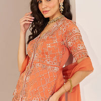 rust orange organza hand embroidered sharara set