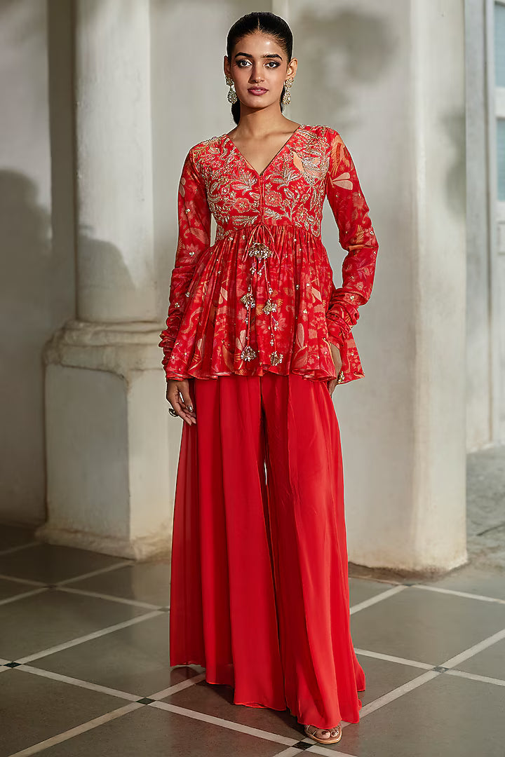 sunset red georgette palazzo pant set