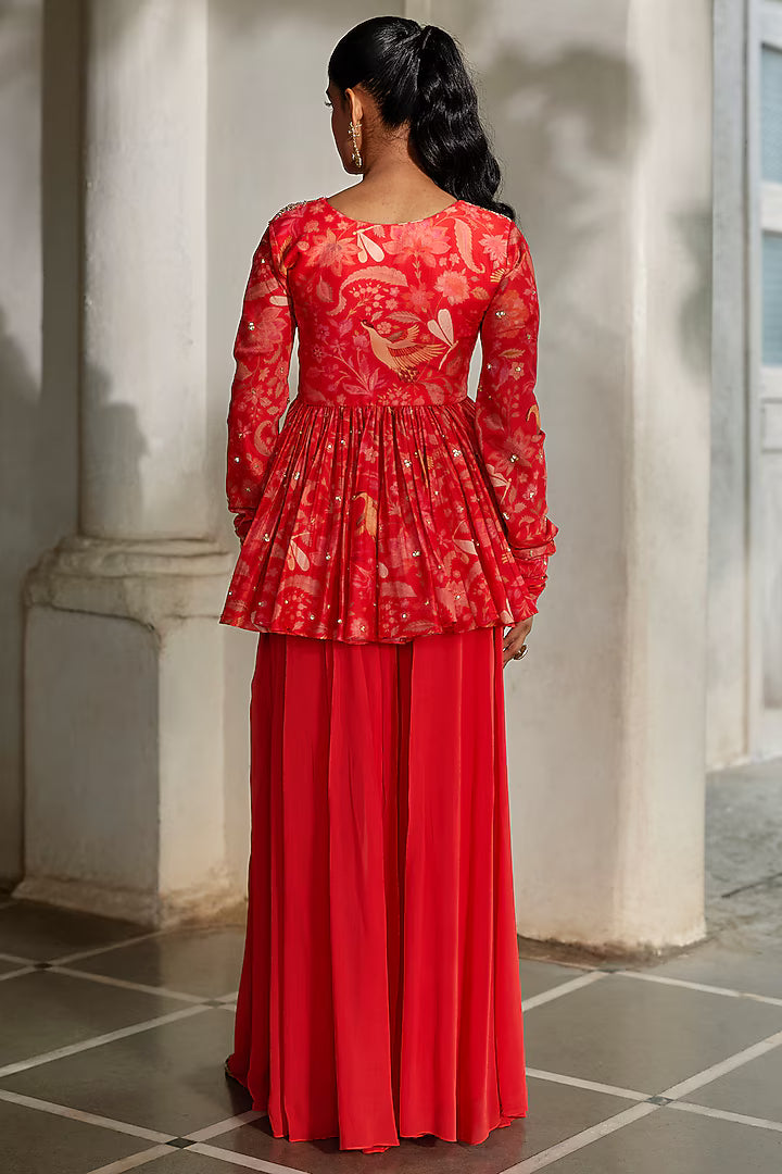 sunset red georgette palazzo pant set
