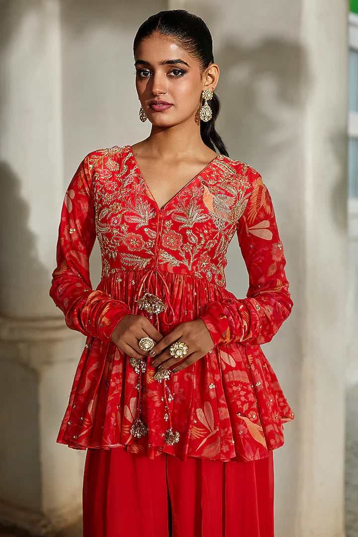 sunset red georgette palazzo pant set