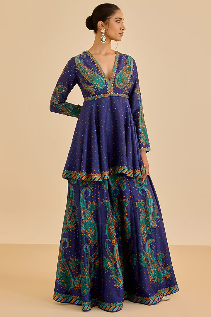 blue murshidabad silk paisley printed palazzo pant set