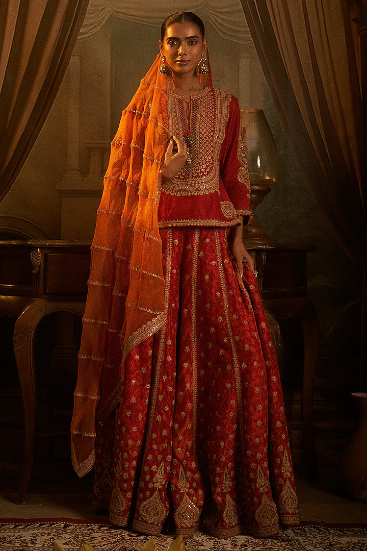 red slub silk patola printed palazzo pant set