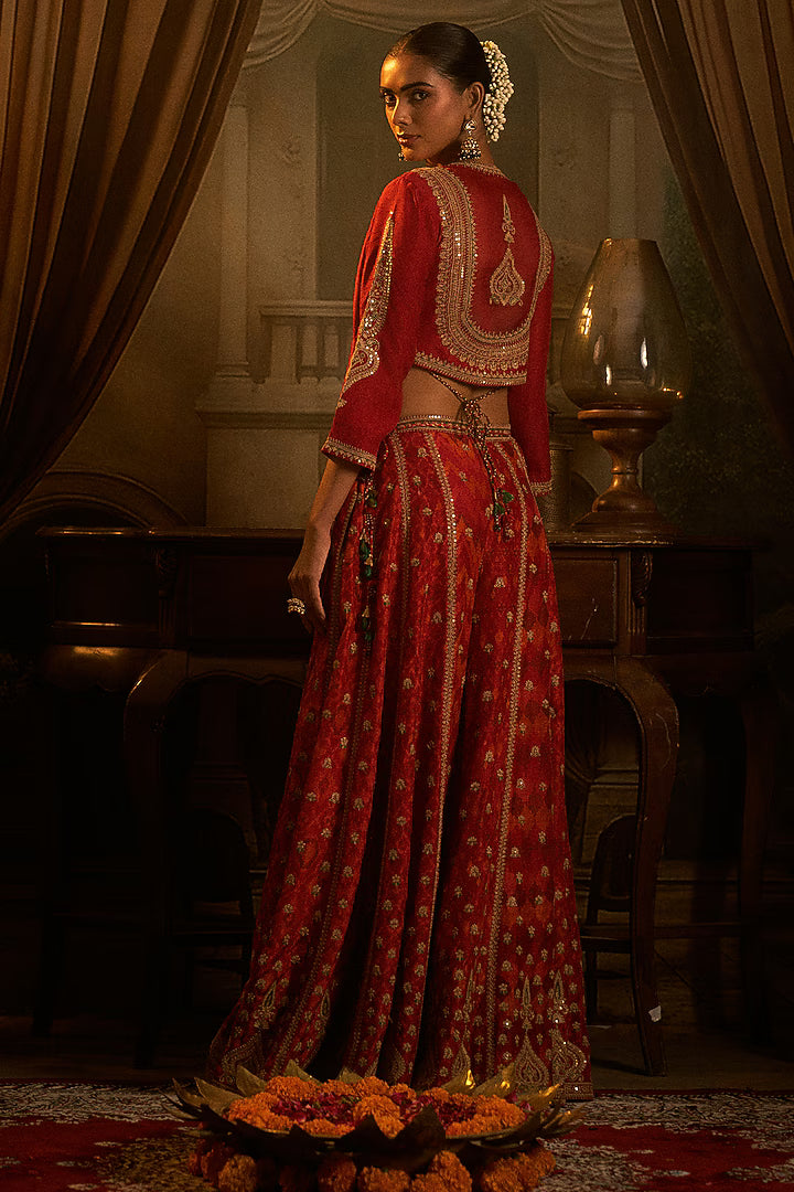 red slub silk patola printed palazzo pant set