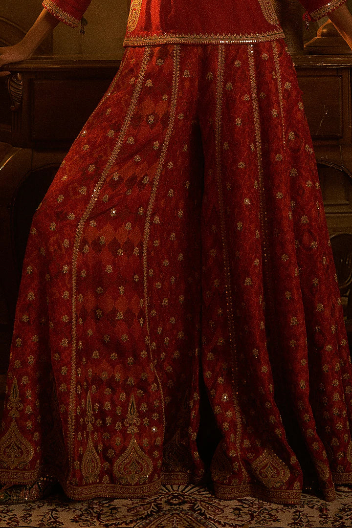red slub silk patola printed palazzo pant set