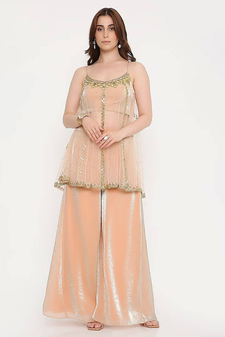 V bridals peach marble tissue net palazzo pant set