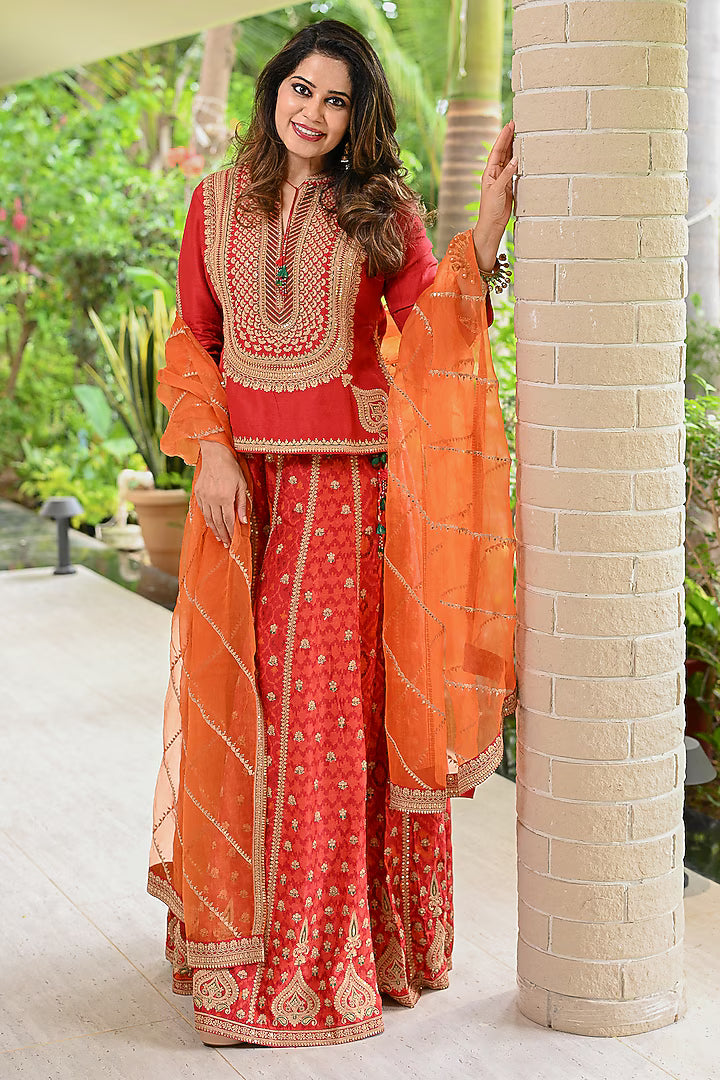 red slub silk patola printed palazzo pant set