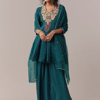 peacock blue zardosi thread palazzo set with dupatta