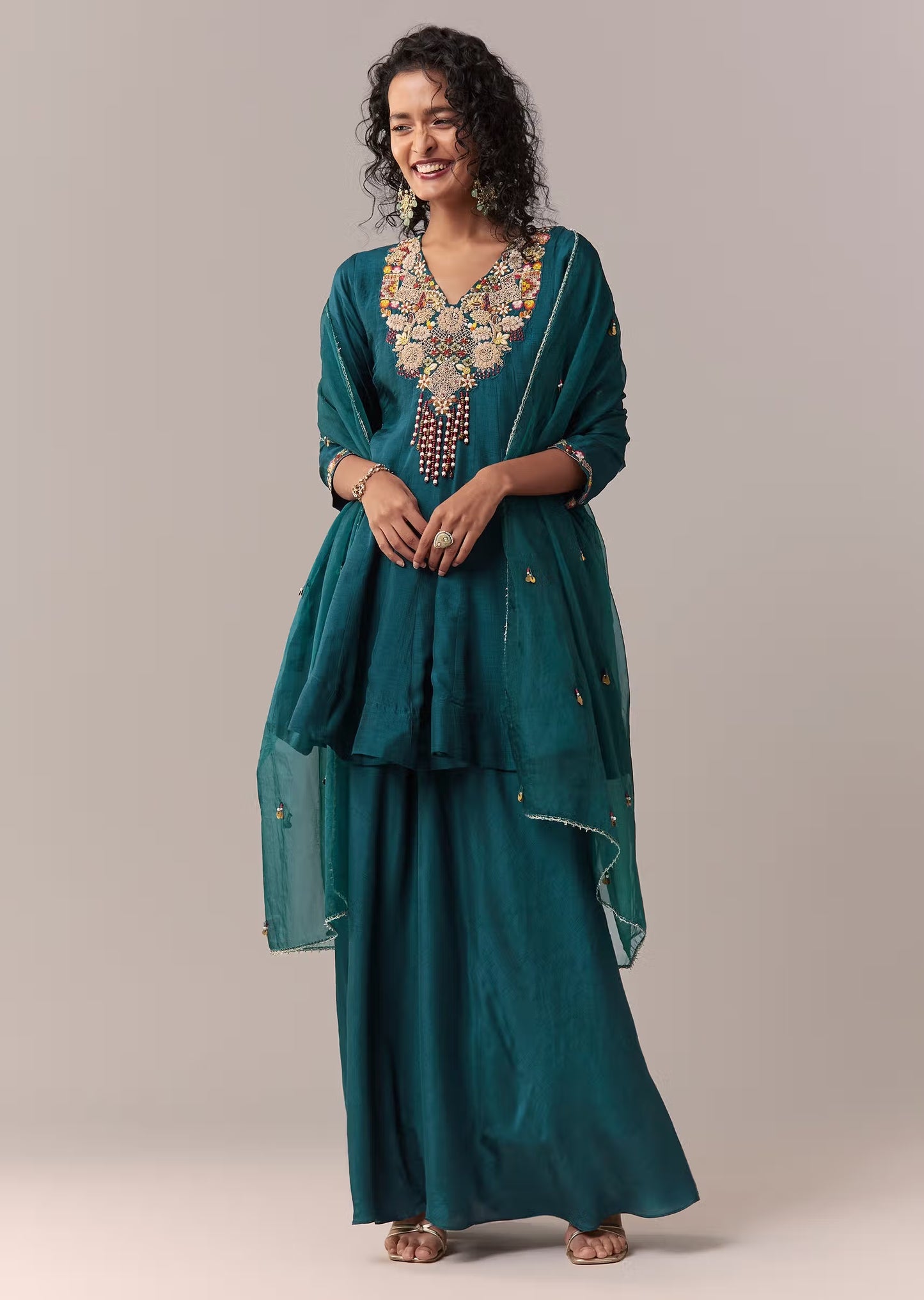 peacock blue zardosi thread palazzo set with dupatta