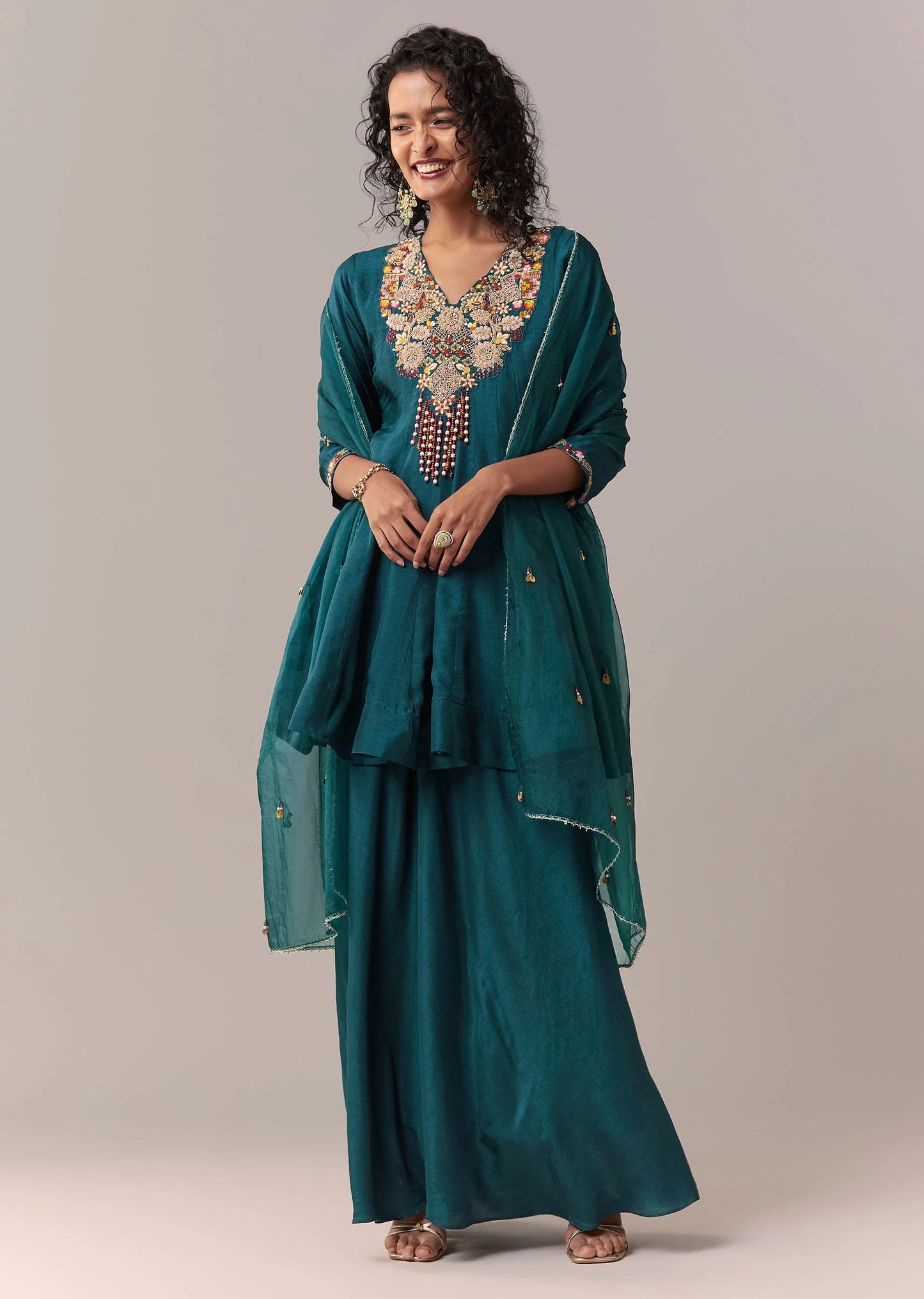 peacock blue zardosi thread palazzo set with dupatta