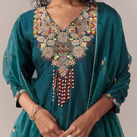 peacock blue zardosi thread palazzo set with dupatta