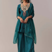 peacock blue zardosi thread palazzo set with dupatta