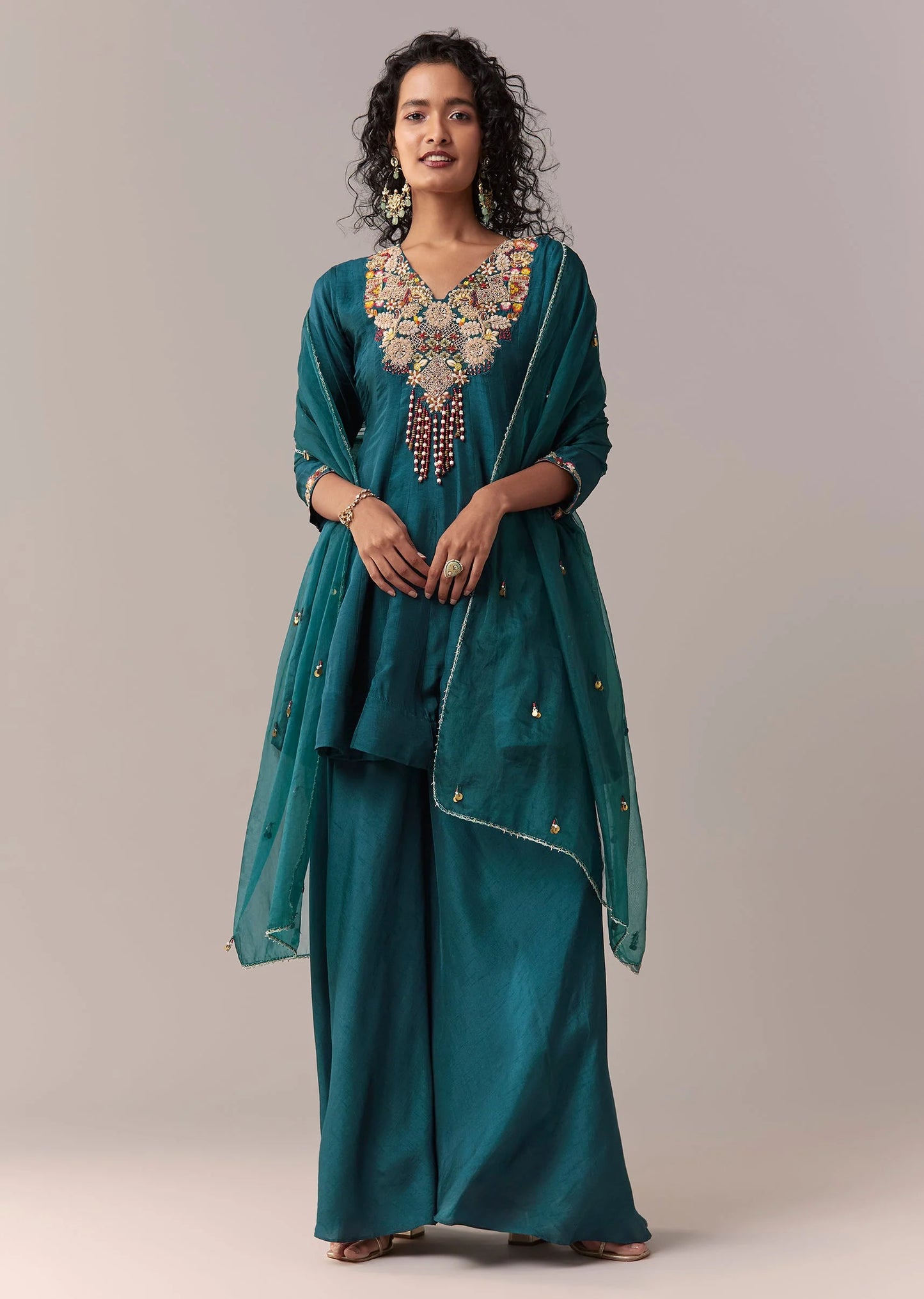 peacock blue zardosi thread palazzo set with dupatta