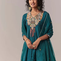 peacock blue zardosi thread palazzo set with dupatta