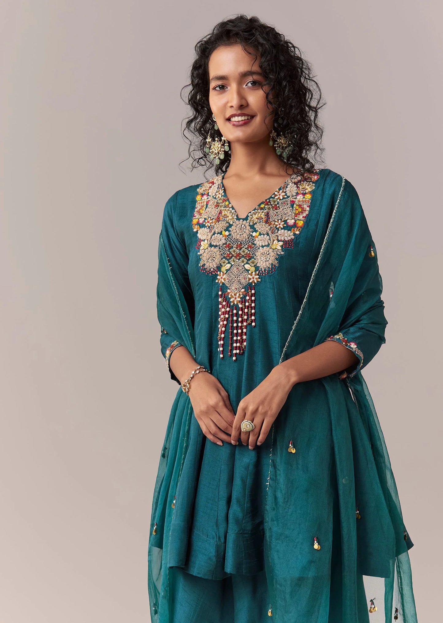 peacock blue zardosi thread palazzo set with dupatta